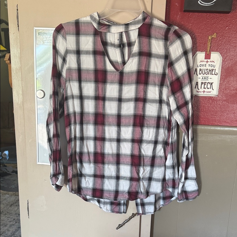 Maurices Red and White Long Sleeve Tie Front Blouse